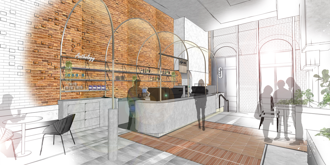 A render of the interior of Coffee Anthology at Inter/Section